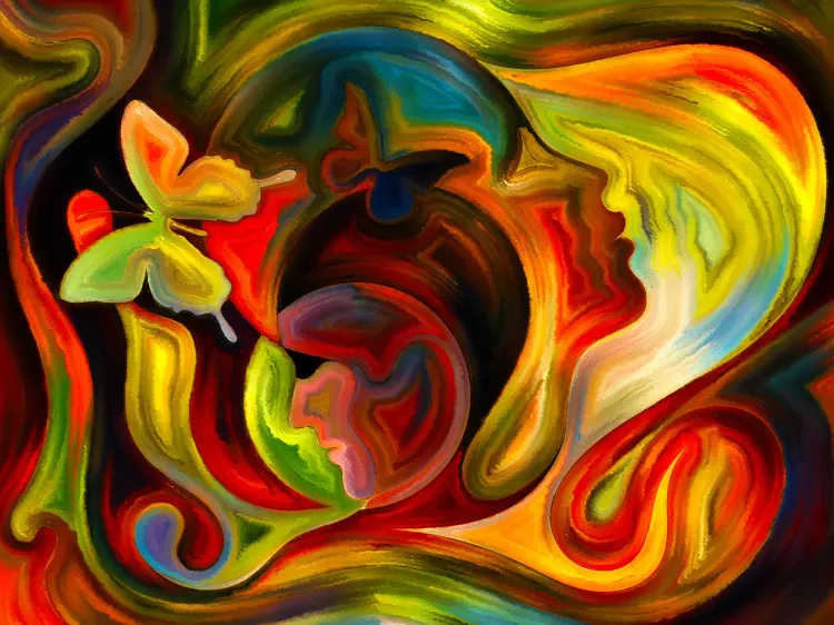 Colors of the Mind. Elements of human face, colourful abstract shapes on subject of mind reason thought emotion spirituality