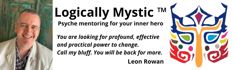 Leon Rowan, Logically Mystic logo, text block about psyche mentoring, abstract face logo with stick figure